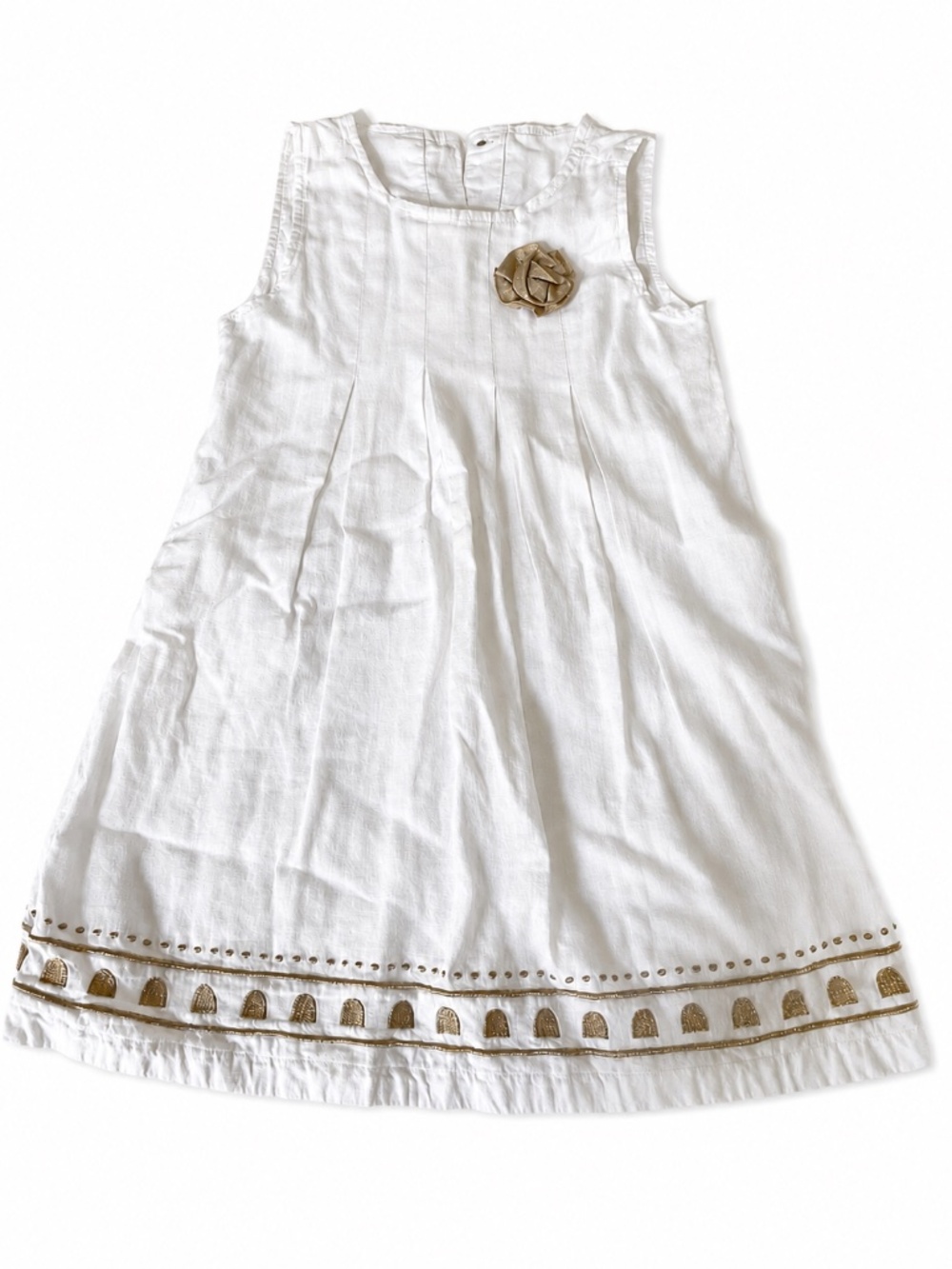 Gymboree Girls White Linen Blend Dress Gold Trim Rosette Size 5T